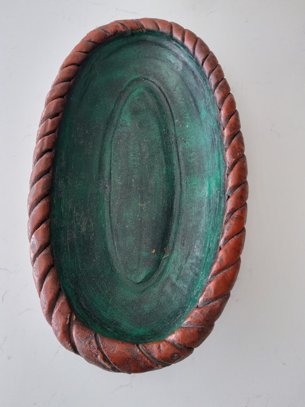 Handmade Mexican Emerald green with brown rope twisted Edge ceramic Bowl platter